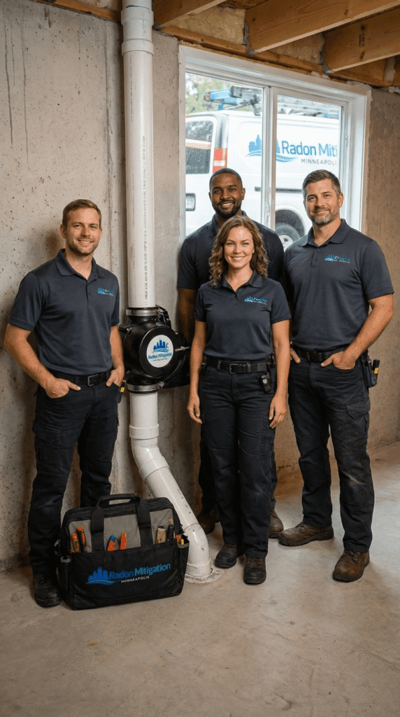 Professional radon mitigation team standing next to installed radon fan system in Minneapolis home