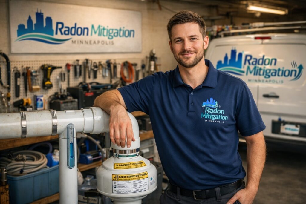 Technician installing radon mitigation system on residential home in Minneapolis MN