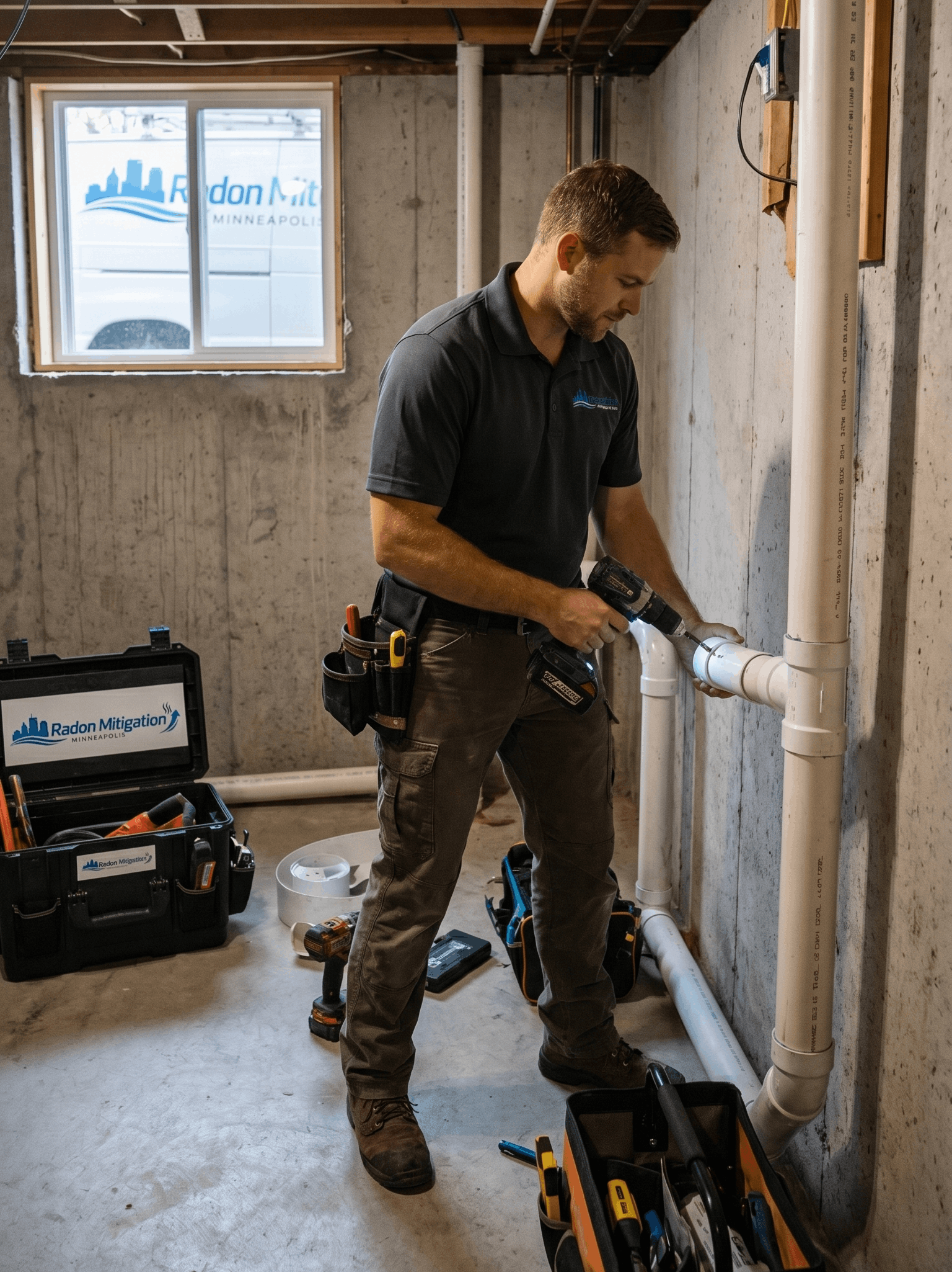 Technician Installing Radon Mitigation Piping System In Minneapolis Basement