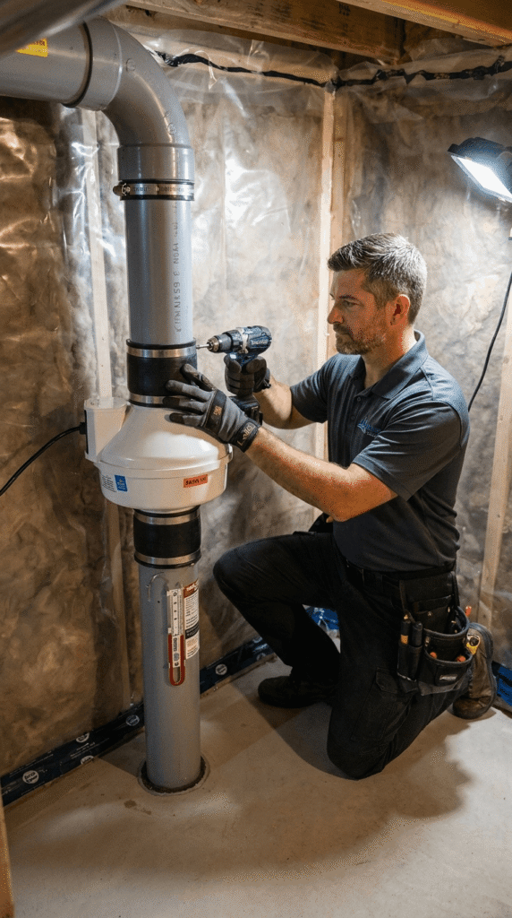 Technician Installing Radon Mitigation Pipe And Fan System In Minneapolis Basement