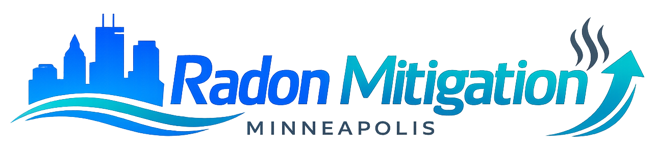 Radon Mitigation Minneapolis logo with skyline and airflow arrow design in blue and teal