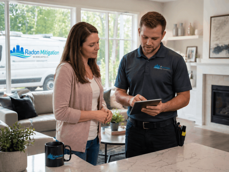 Radon mitigation technician explaining results to homeowner in Minneapolis home
