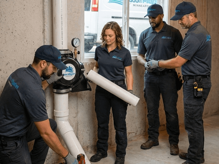 Radon mitigation team installing system in Minneapolis basement with vent pipe and fan setup