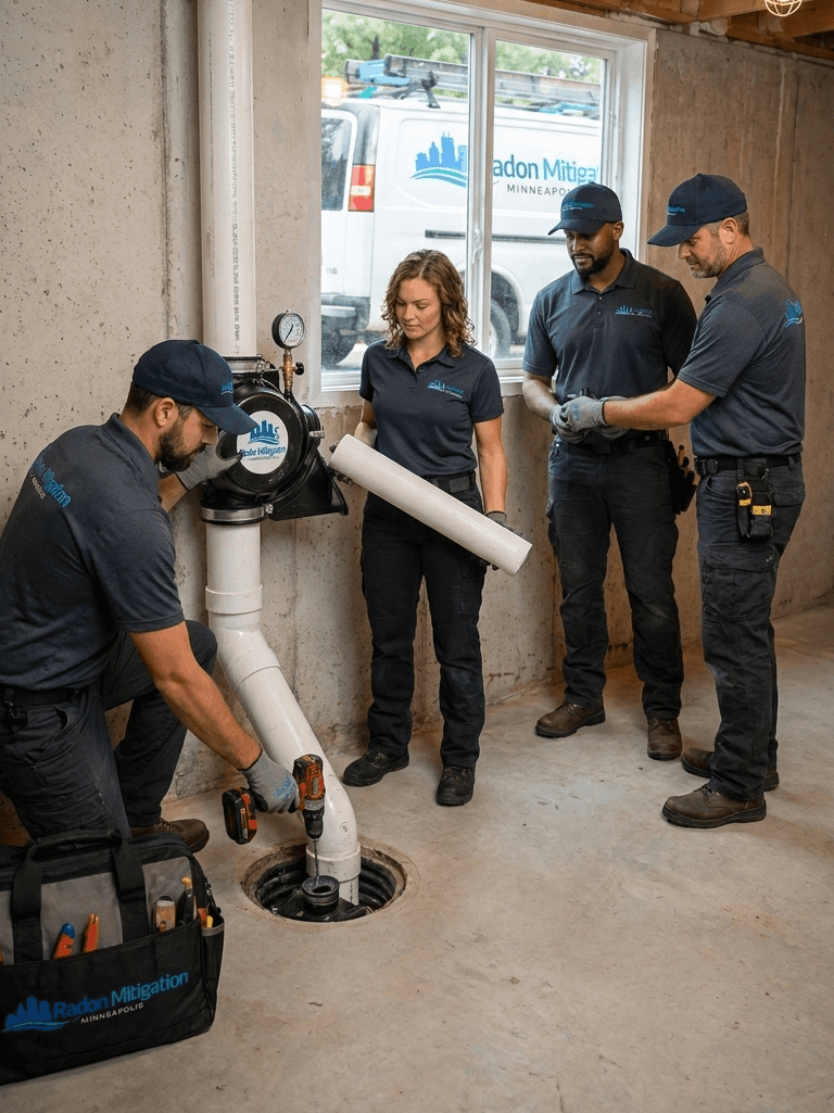 Radon mitigation team installing system in Minneapolis basement with vent pipe and fan setup