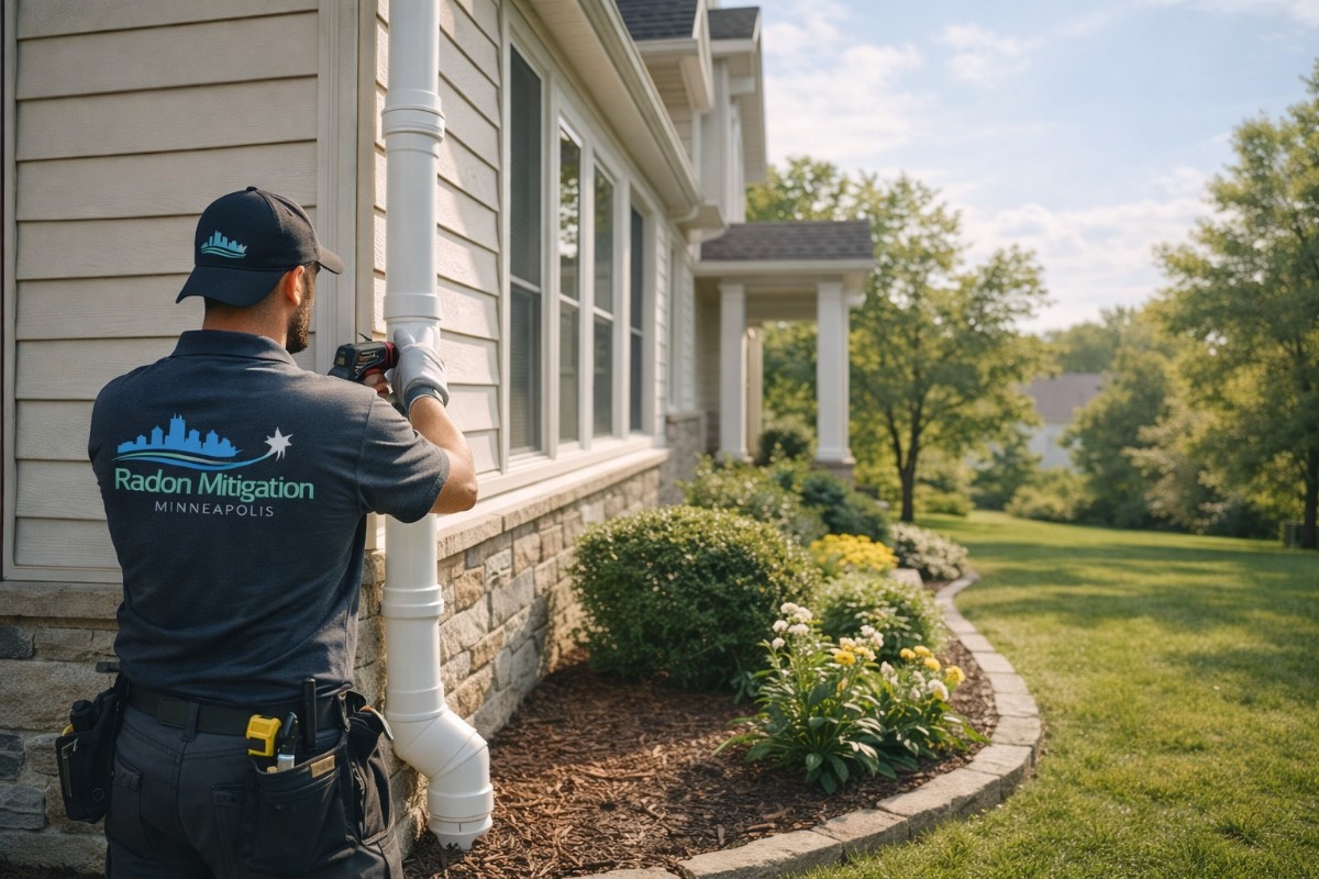 Technician Installing Radon Mitigation System On Residential Home In Minneapolis MN