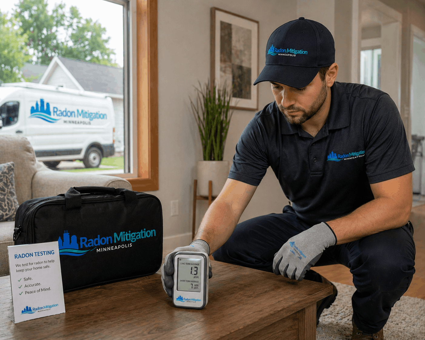 Technician placing radon testing device in Minneapolis home for accurate indoor air testing
