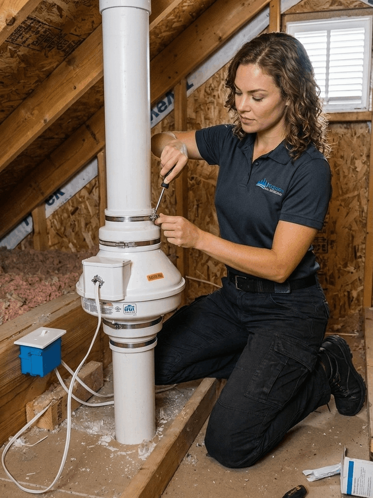 Technician installing radon mitigation fan in attic of Minneapolis home to reduce radon gas